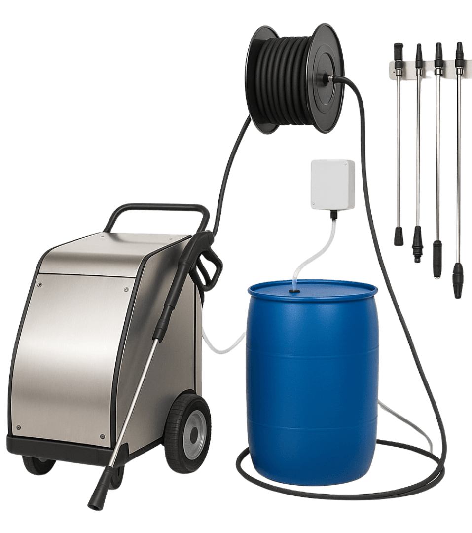Mobiles Vorsprühgerät mit Schlauch und Düse zur Reinigung