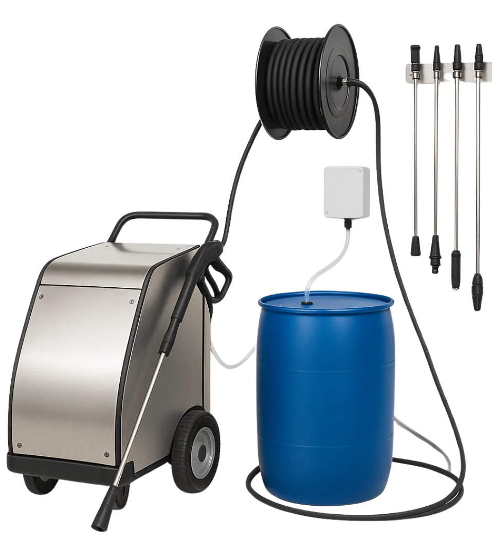 Mobiles Vorsprühgerät mit Schlauch und Düse zur Reinigung