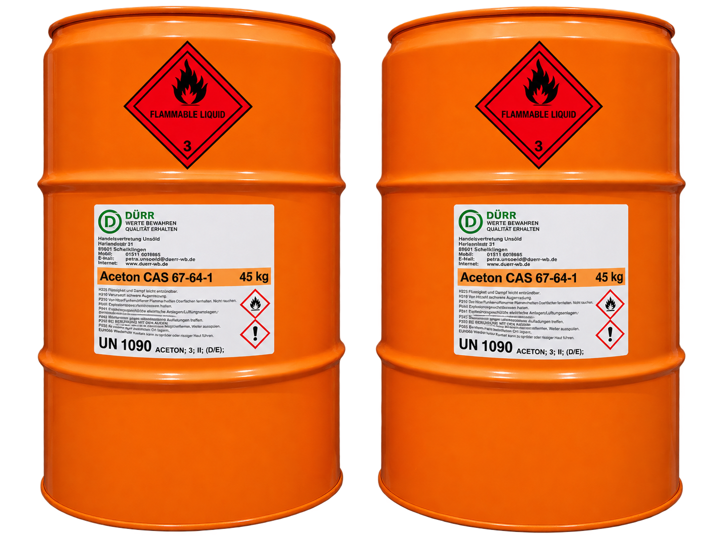 Zwei orange DÜRR Fässer Aceton, jeweils 45 kg